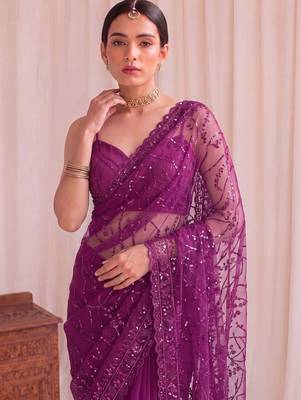 Purple floral sequinned net designer saree 4