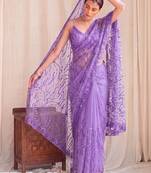 Lavender floral sequinned net designer saree