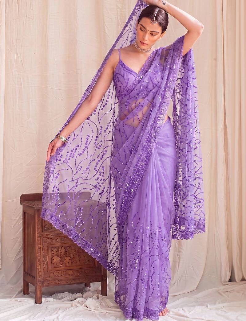 Lavender floral sequinned net designer saree