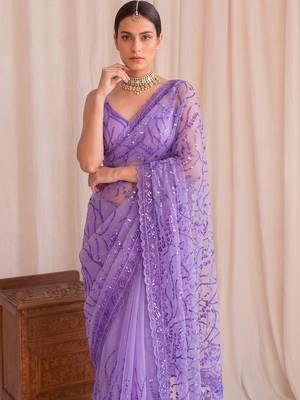 Lavender floral sequinned net designer saree 3