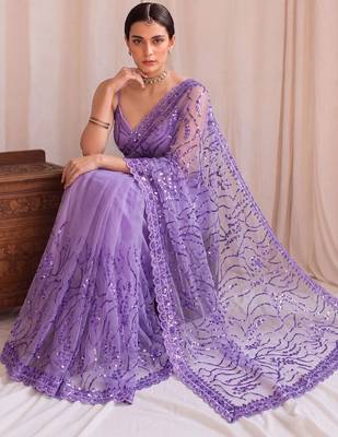 Lavender floral sequinned net designer saree 5