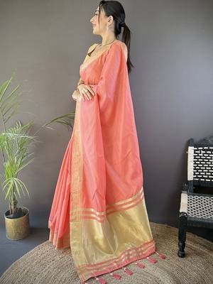 Peach woven design silk blend handloom mysore silk saree 1