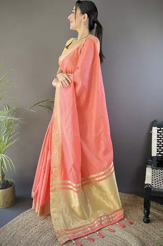 Peach woven design silk blend handloom mysore silk saree