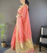 Peach woven design silk blend handloom mysore silk saree