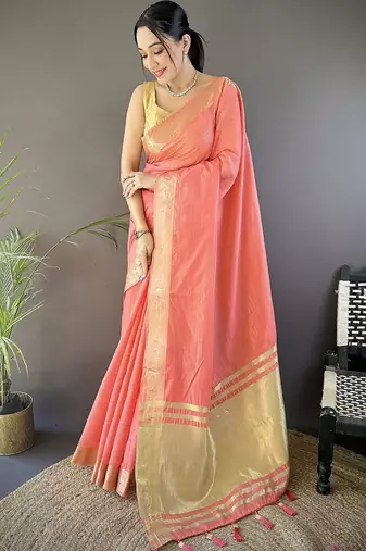 Peach woven design silk blend handloom mysore silk saree