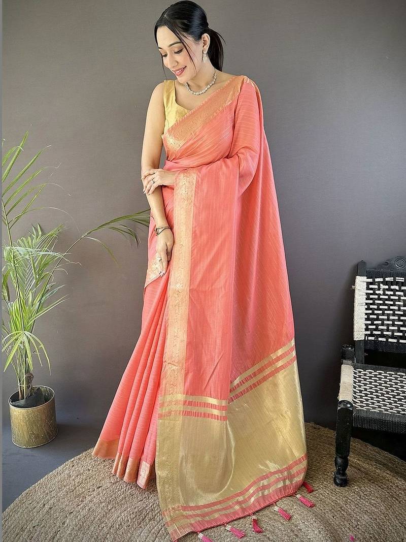 Peach woven design silk blend handloom mysore silk saree