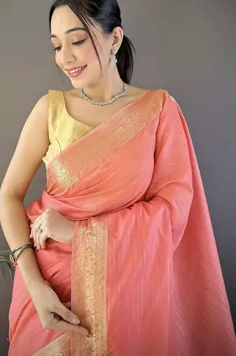 Peach woven design silk blend handloom mysore silk saree