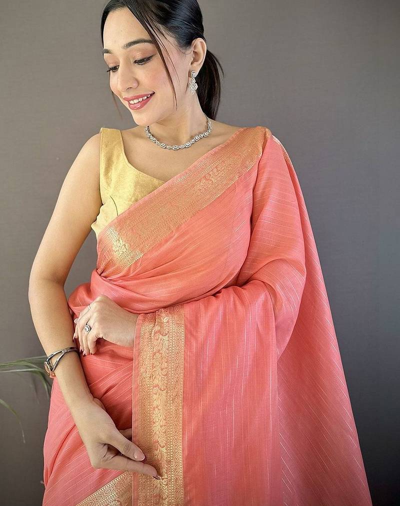 Peach woven design silk blend handloom mysore silk saree
