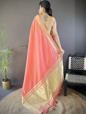 Peach woven design silk blend handloom mysore silk saree 4