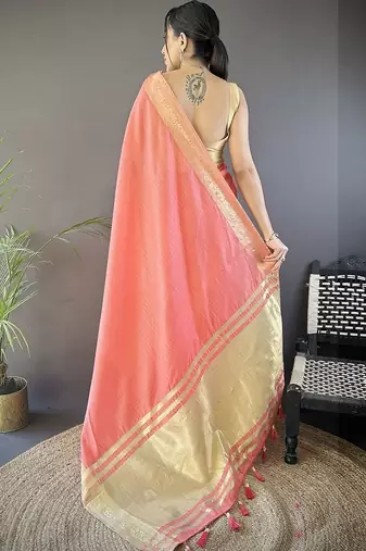 Peach woven design silk blend handloom mysore silk saree