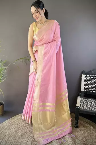 Pink woven design silk blend handloom mysore silk saree