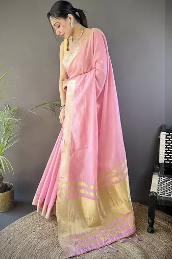 Pink woven design silk blend handloom mysore silk saree