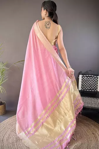 Pink woven design silk blend handloom mysore silk saree