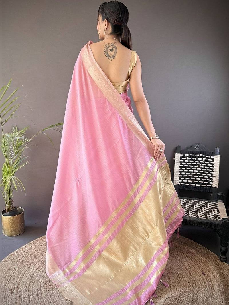 Pink woven design silk blend handloom mysore silk saree