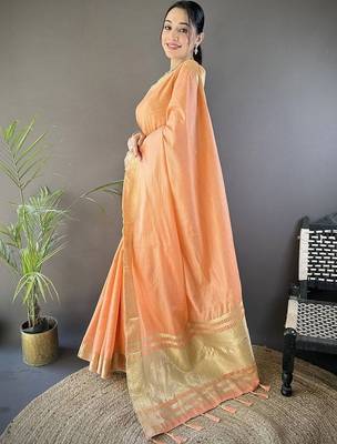 Peach woven design silk blend handloom mysore silk saree 1