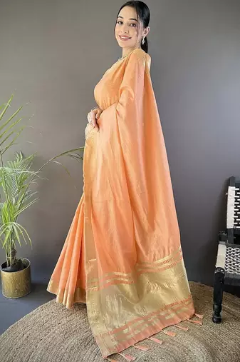 Peach woven design silk blend handloom mysore silk saree