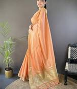 Peach woven design silk blend handloom mysore silk saree