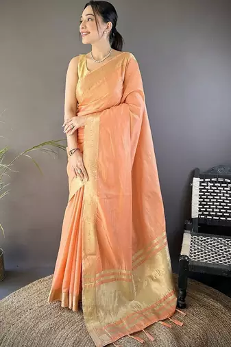 Peach woven design silk blend handloom mysore silk saree