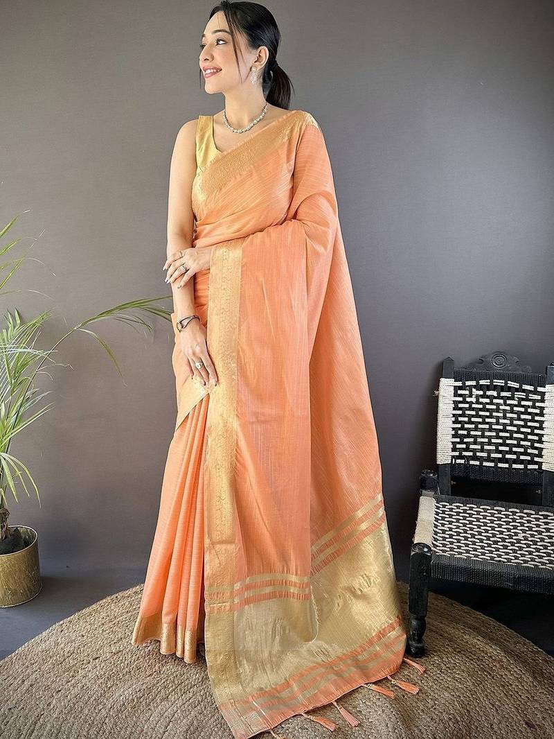 Peach woven design silk blend handloom mysore silk saree