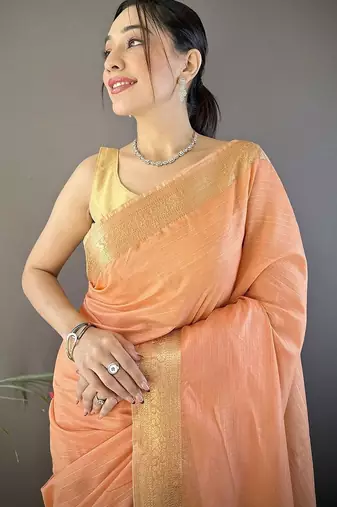 Peach woven design silk blend handloom mysore silk saree