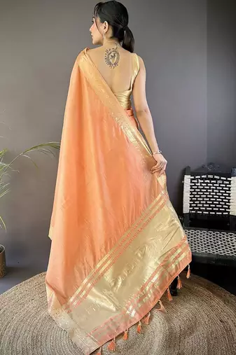Peach woven design silk blend handloom mysore silk saree