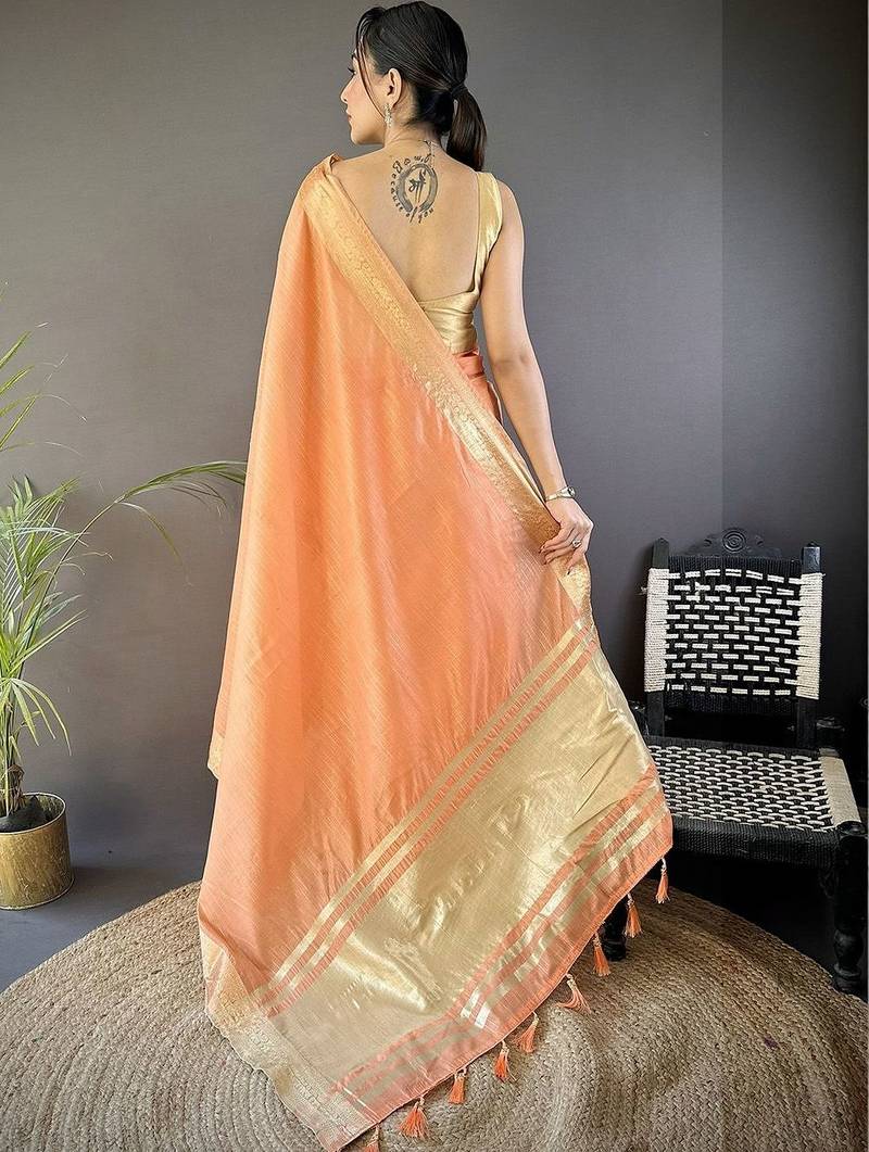 Peach woven design silk blend handloom mysore silk saree
