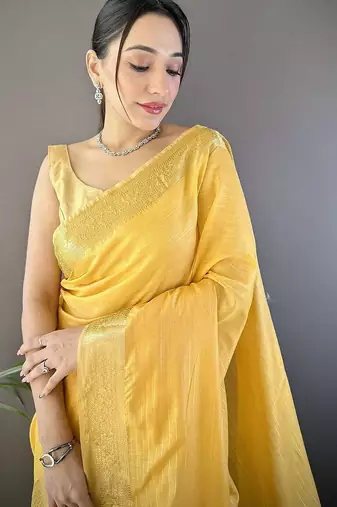 Yellow woven design silk blend handloom mysore silk saree