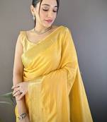 Yellow woven design silk blend handloom mysore silk saree