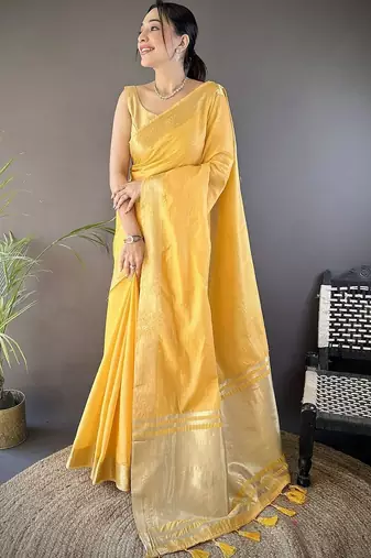 Yellow woven design silk blend handloom mysore silk saree