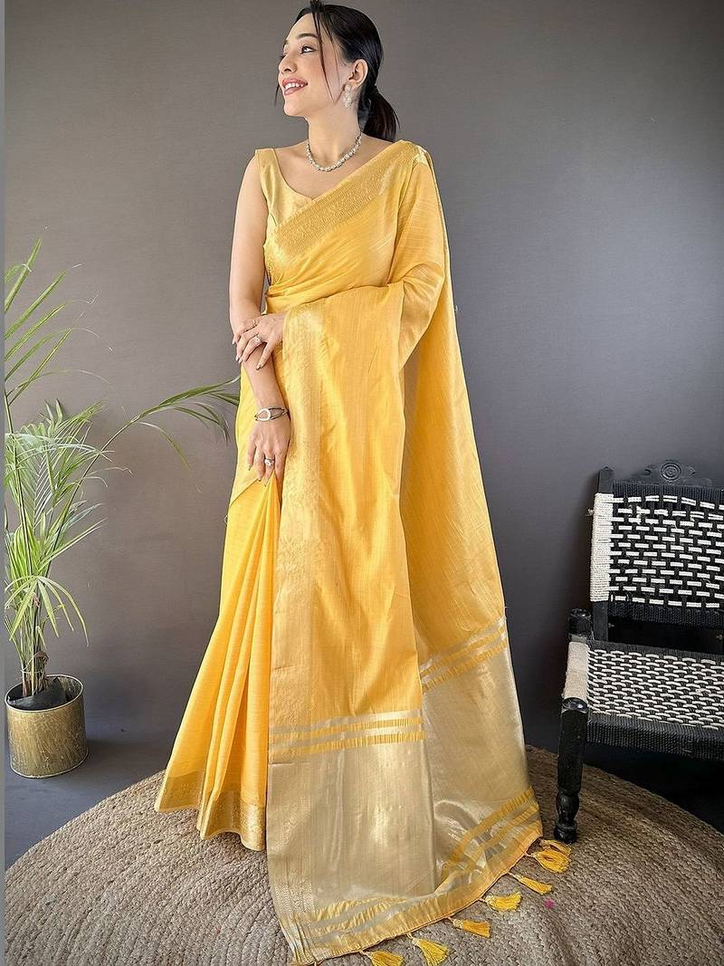 Yellow woven design silk blend handloom mysore silk saree