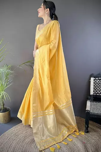 Yellow woven design silk blend handloom mysore silk saree