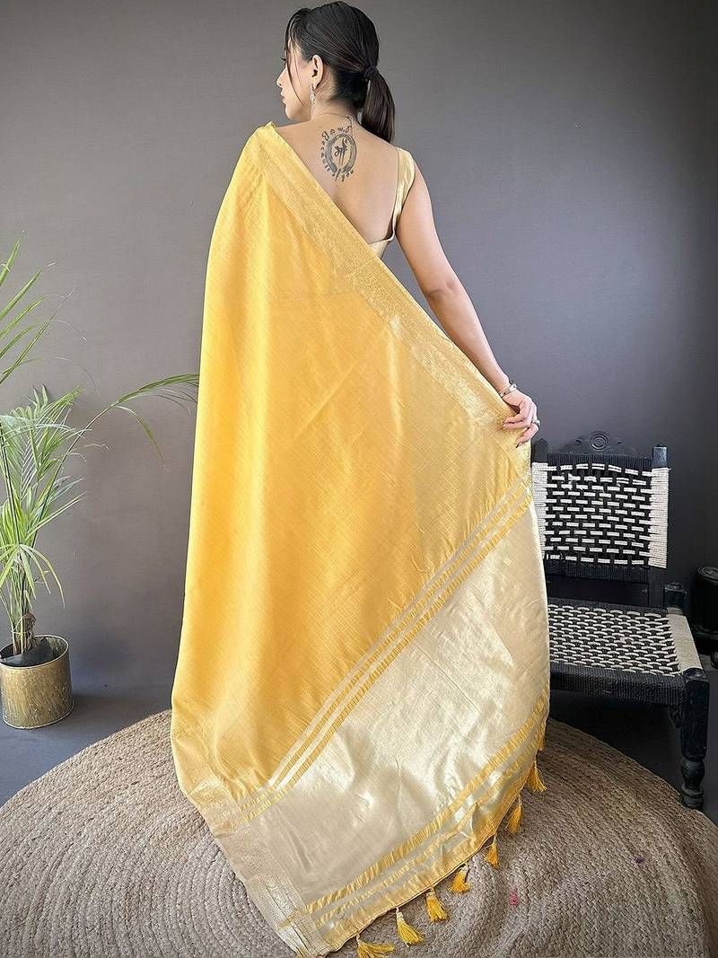 Yellow woven design silk blend handloom mysore silk saree