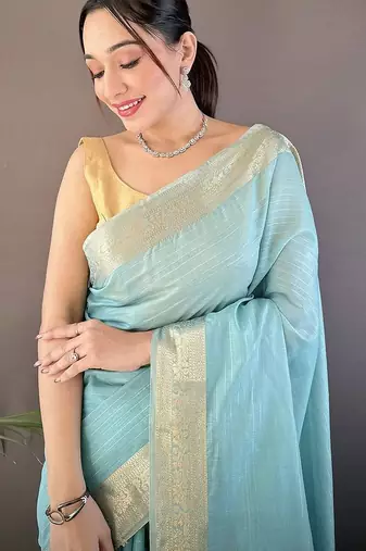 Turquoise woven design silk blend handloom mysore silk saree