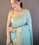 Turquoise woven design silk blend handloom mysore silk saree