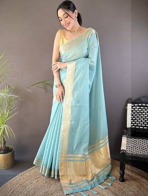 Turquoise woven design silk blend handloom mysore silk saree 2