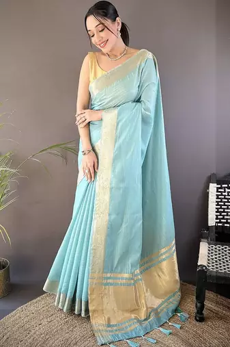 Turquoise woven design silk blend handloom mysore silk saree