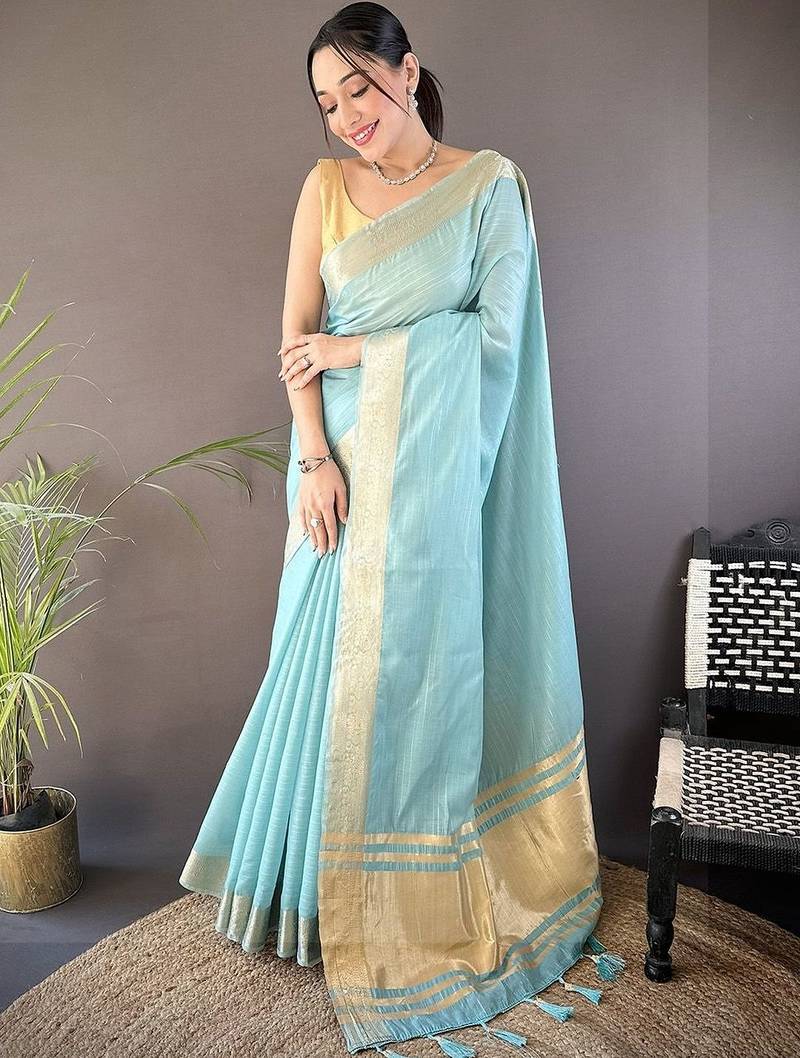 Turquoise woven design silk blend handloom mysore silk saree