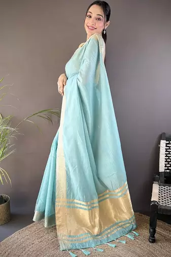 Turquoise woven design silk blend handloom mysore silk saree