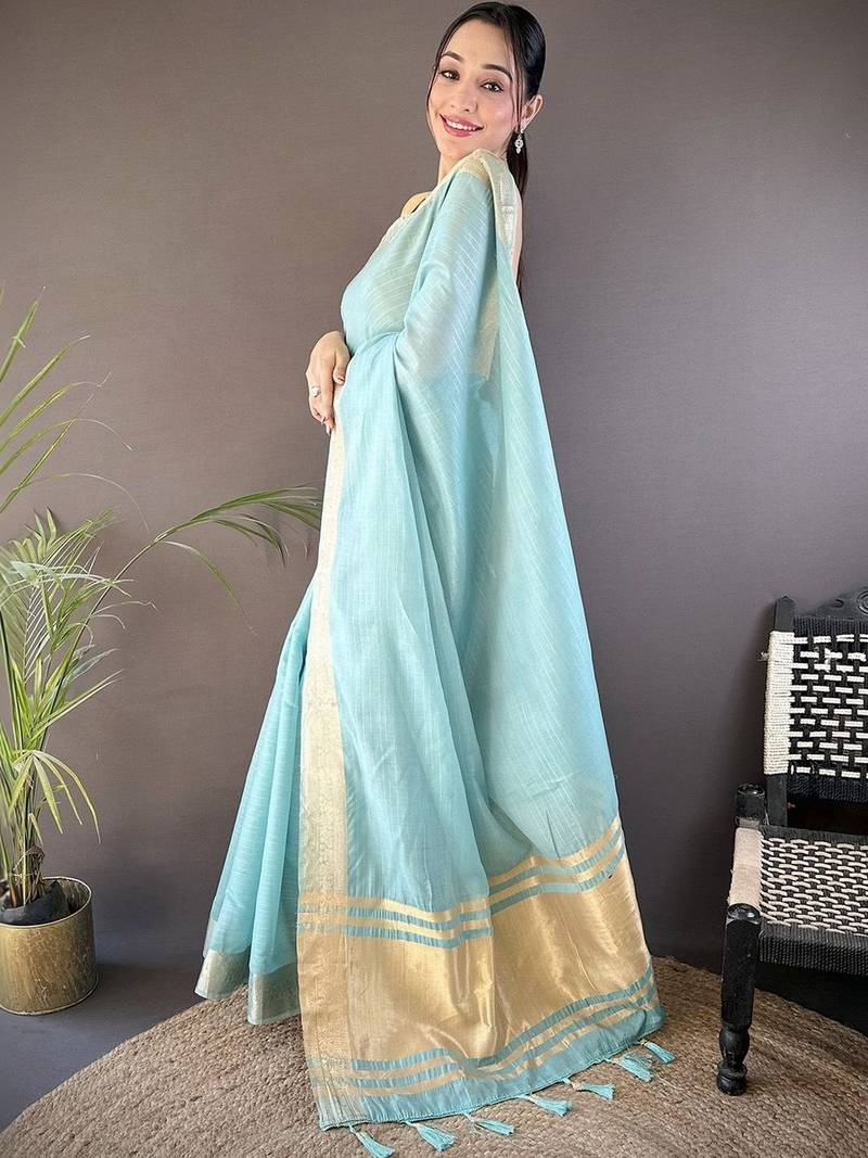 Turquoise woven design silk blend handloom mysore silk saree