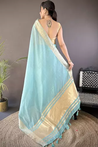 Turquoise woven design silk blend handloom mysore silk saree