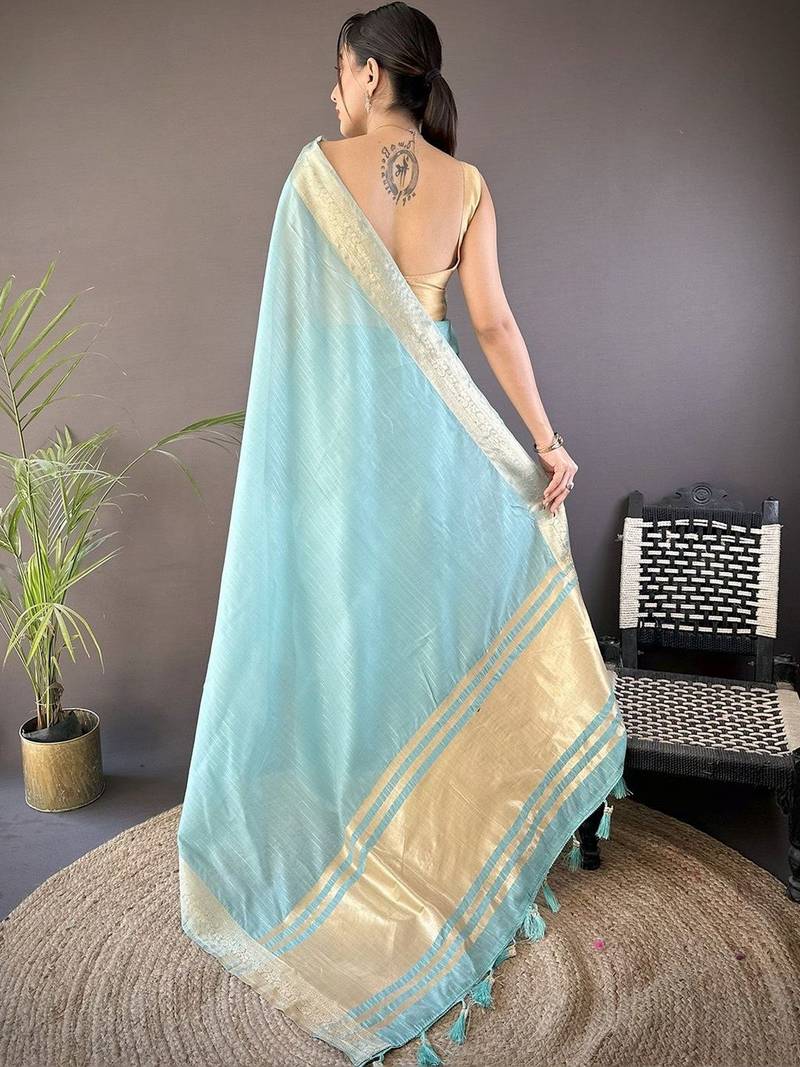 Turquoise woven design silk blend handloom mysore silk saree