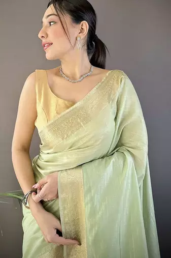 Sea green woven design zari silk blend handloom mysore silk saree