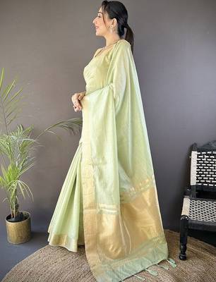 Sea green woven design zari silk blend handloom mysore silk saree 3