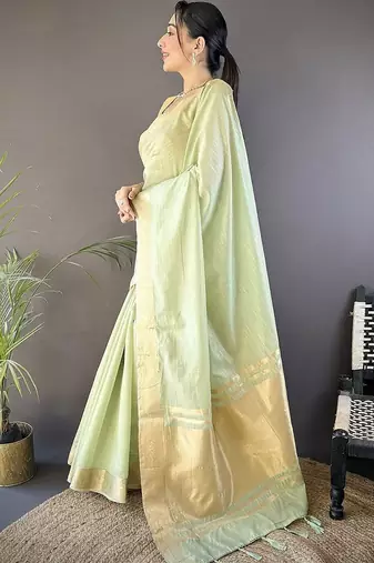 Sea green woven design zari silk blend handloom mysore silk saree