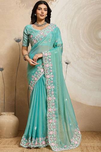 Turquoise embroidered saree with unstitched blouse