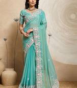 Turquoise embroidered saree with unstitched blouse