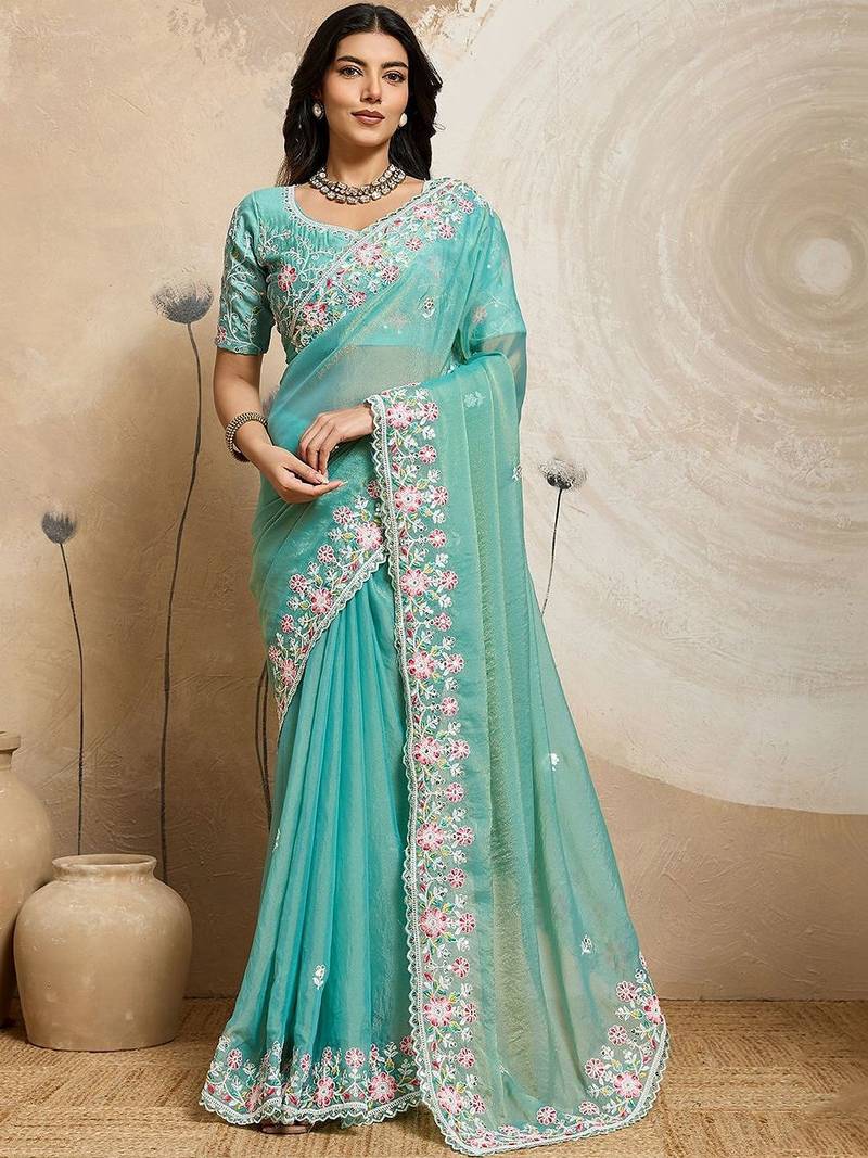 Turquoise embroidered saree with unstitched blouse