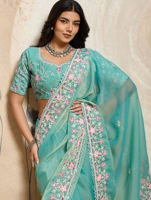 Turquoise embroidered saree with unstitched blouse 2