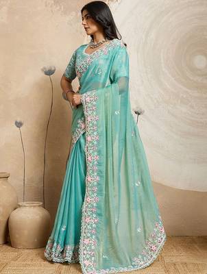 Turquoise embroidered saree with unstitched blouse 3