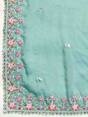 Turquoise embroidered saree with unstitched blouse 5